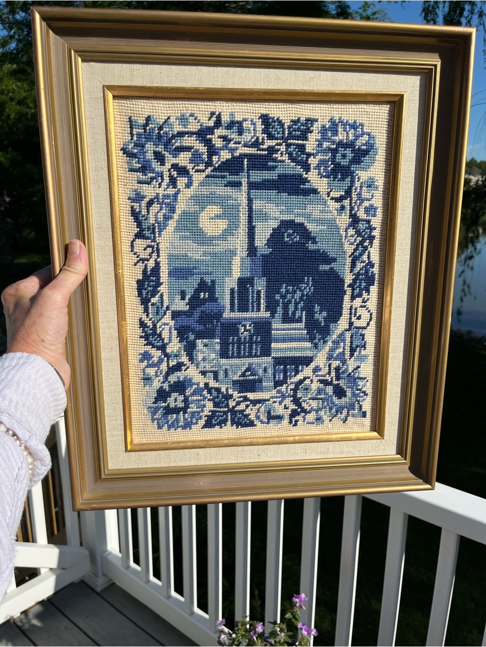 Vintage Gold Framed Blue and White Needlepoint Village Scene
